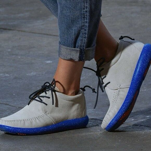 WB Moccasin Size Mens 6 Womens7 Taupe Royal Blue Hemera Fringe 100%Leather Suede - Picture 16 of 16